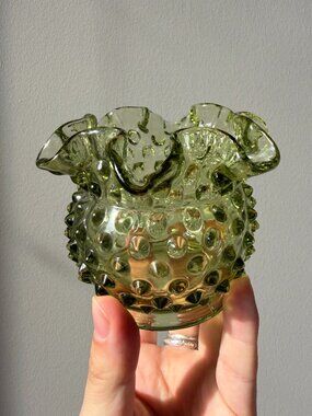 Vintage Fenton Glass Olive Green Ruffled Edge Hobnail Mini Vase